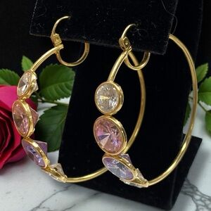 Vintage 1980’s 14K Yellow Gold BIG 1.75” Pink Purple Clear Crystal Hoop Earrings